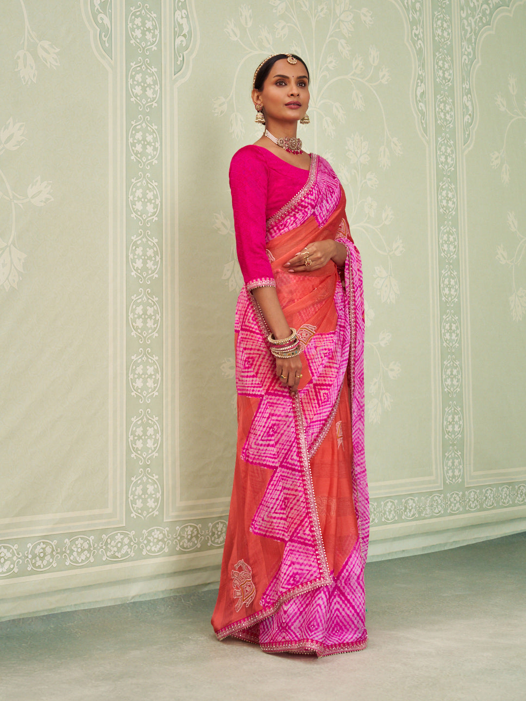 Pink embroidered chiffon saree casual wear