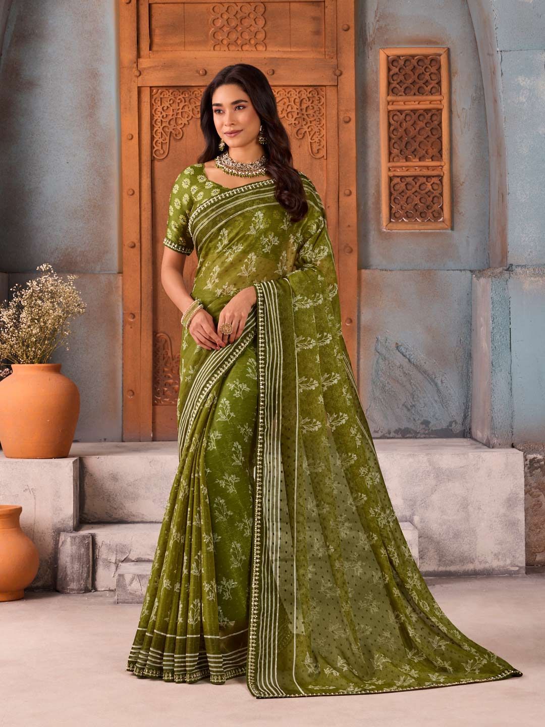 Green floral printed chiffon saree daily wear
