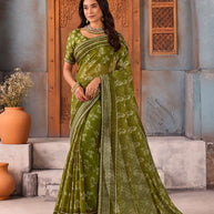 Green floral printed chiffon saree daily wear