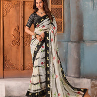 White floral printed chiffon saree festive wear