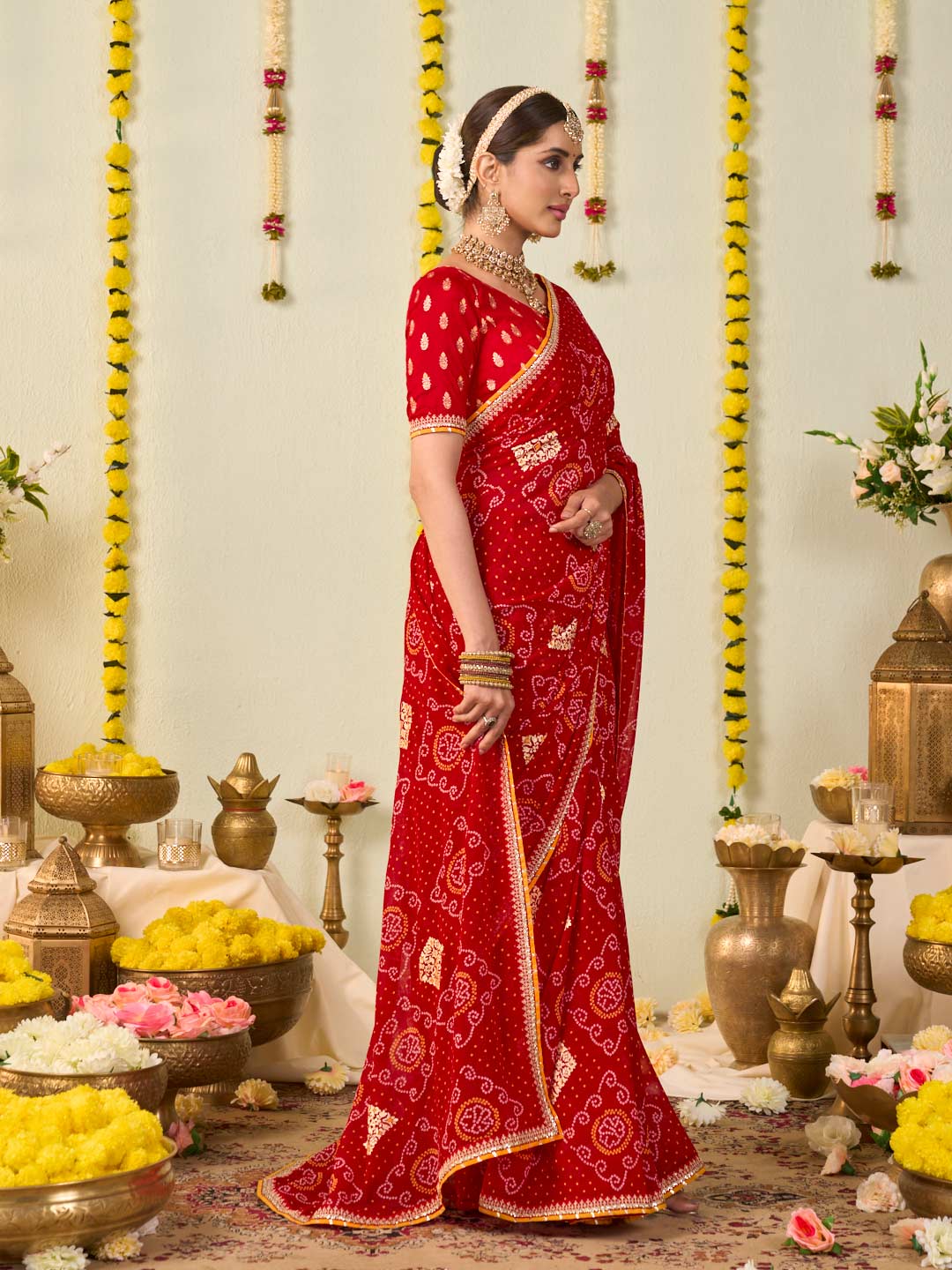 Red bandhani printed georgette saree casual wear