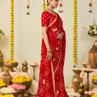 Red bandhani printed georgette saree casual wear