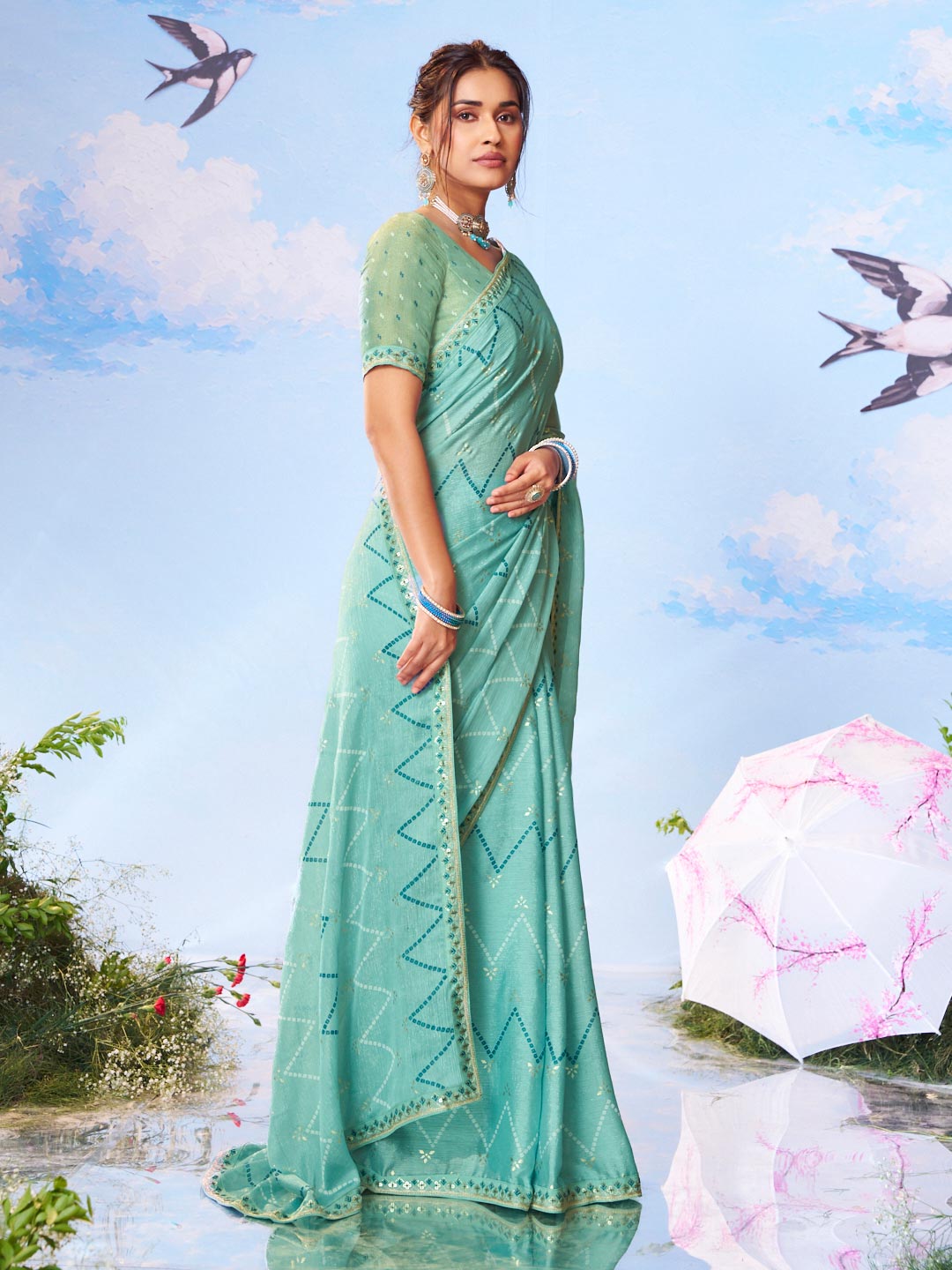  Blue dotted zigzag printed silk blend saree casual wear