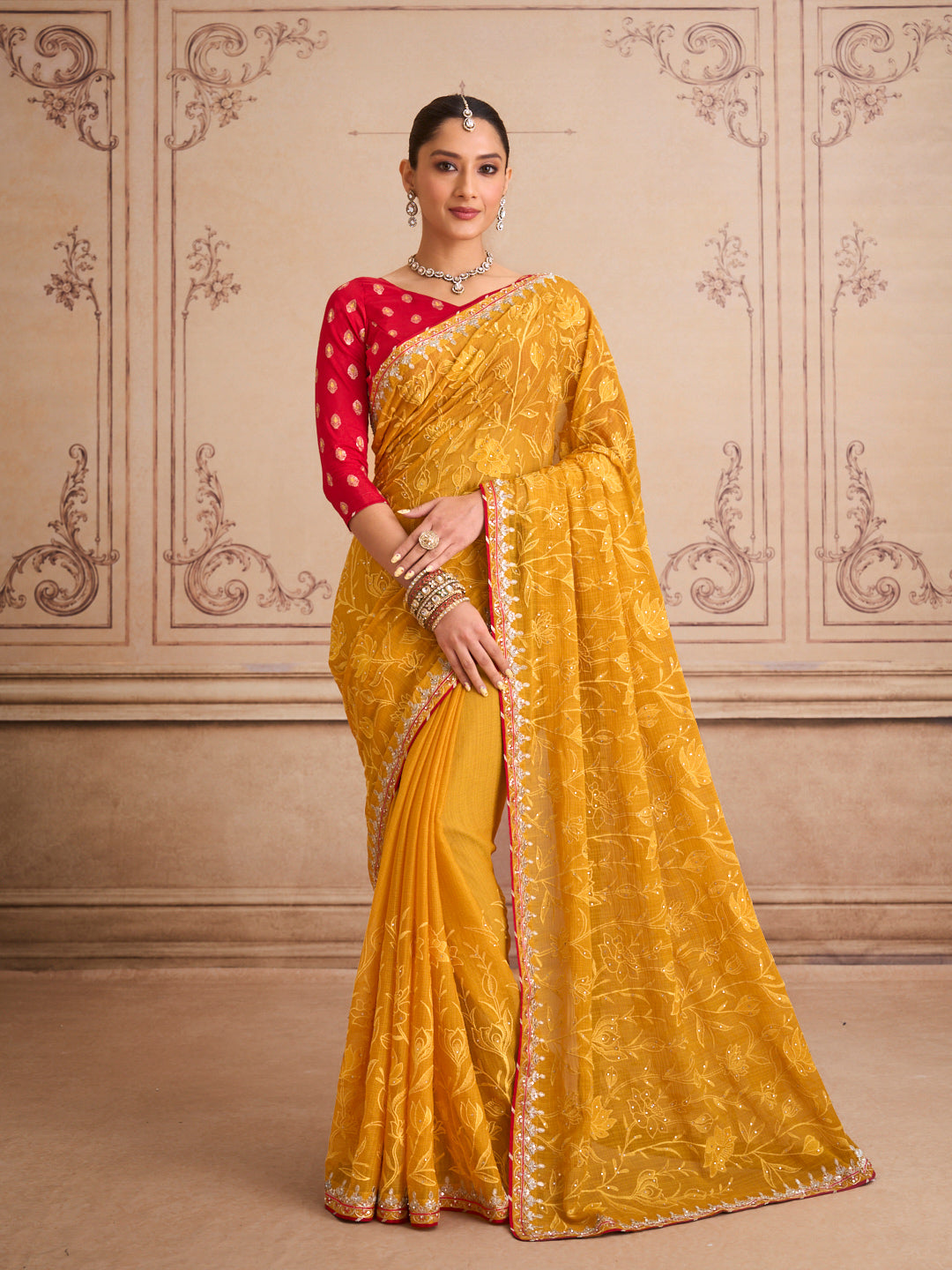 Orange floral embroidered chiffon saree party wear