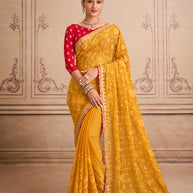 Orange floral embroidered chiffon saree party wear