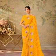 Yellow embroidered chiffon saree party wear