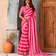 Pink striped sequin silk blend saree party wear