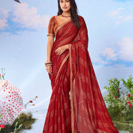 Red brocade banarasi silk saree wedding wear
