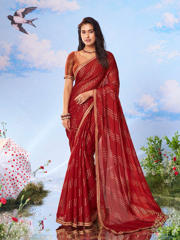 Red brocade banarasi silk saree wedding wear