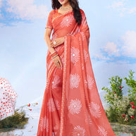 Peach embroidered chiffon saree festive wear 