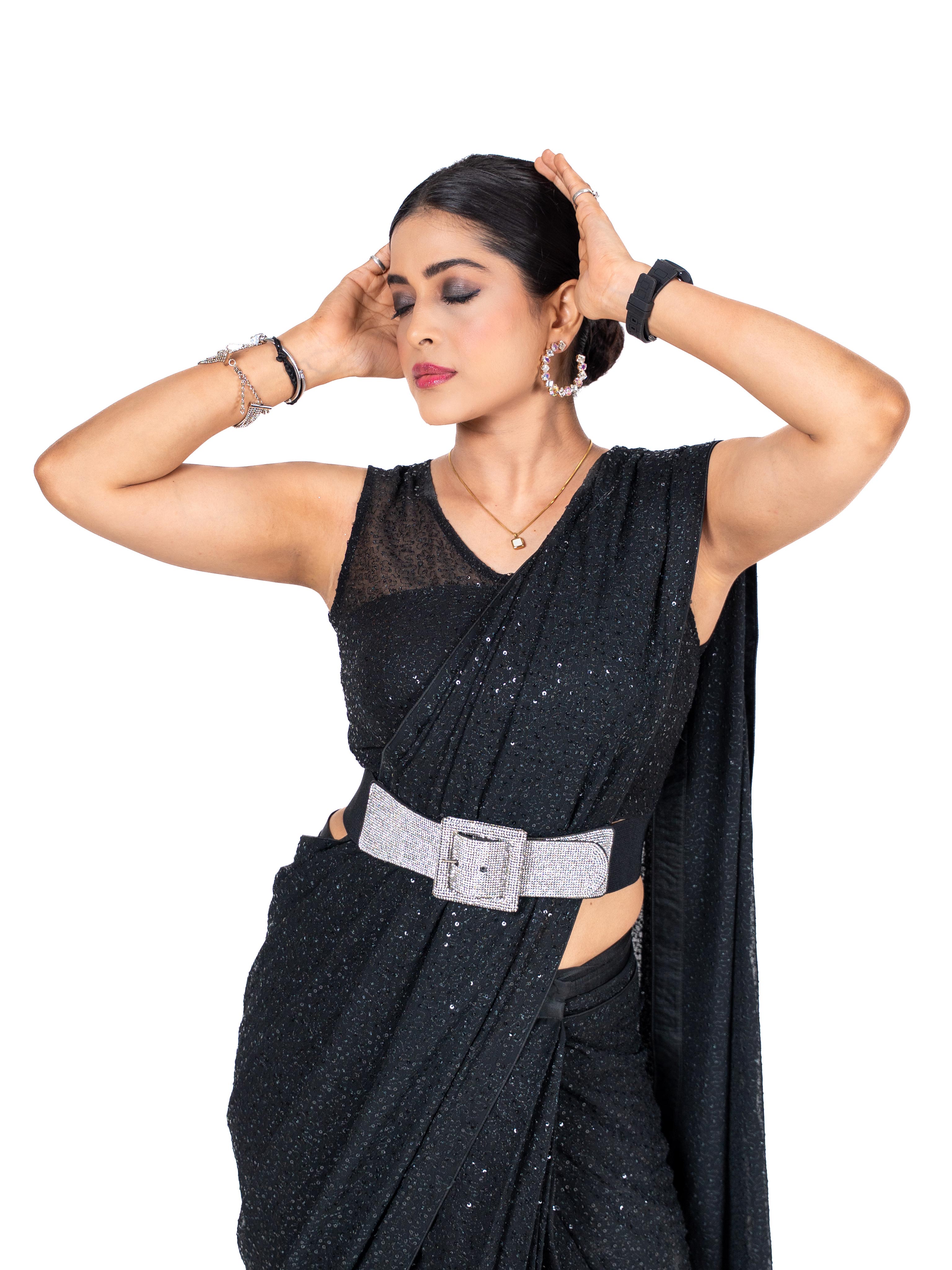 Black sequin embroidered georgette saree wedding wear