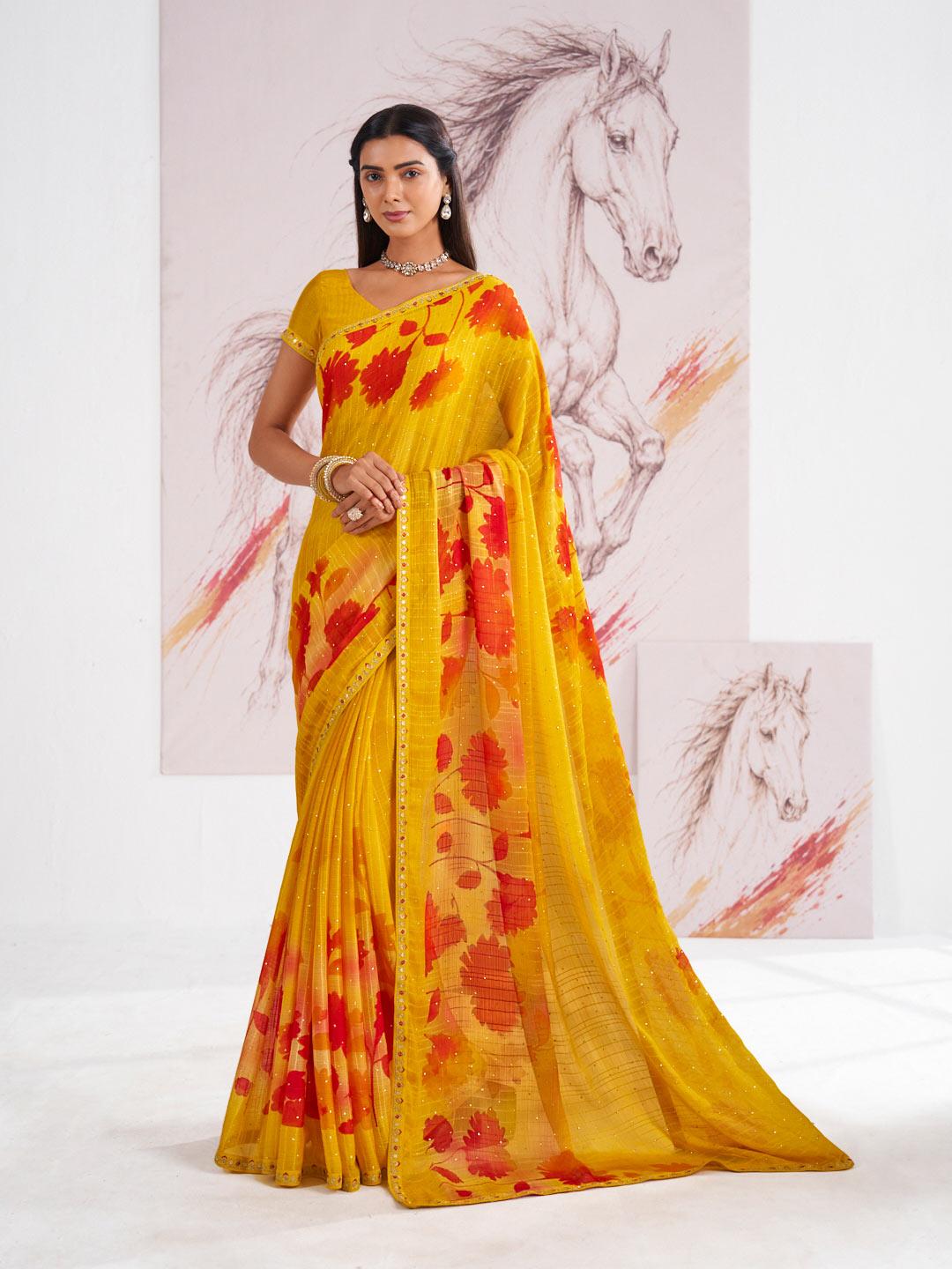 Laxmipati Murli Yellow Chiffon Floral Saree