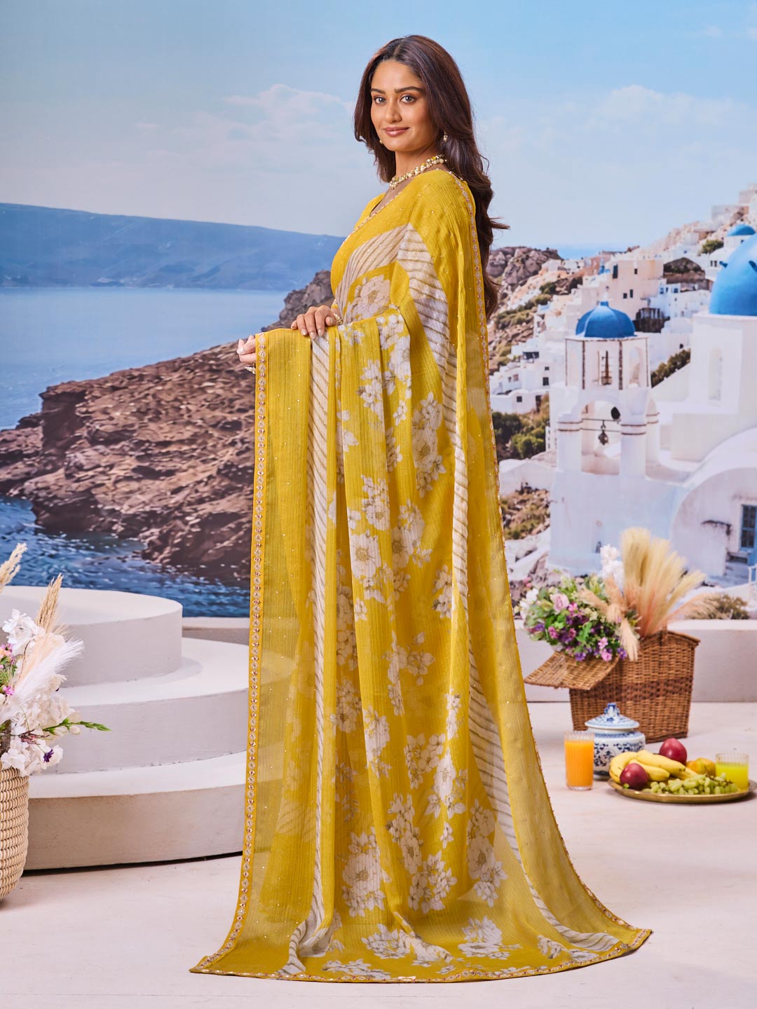 Trendy floral saree summer look