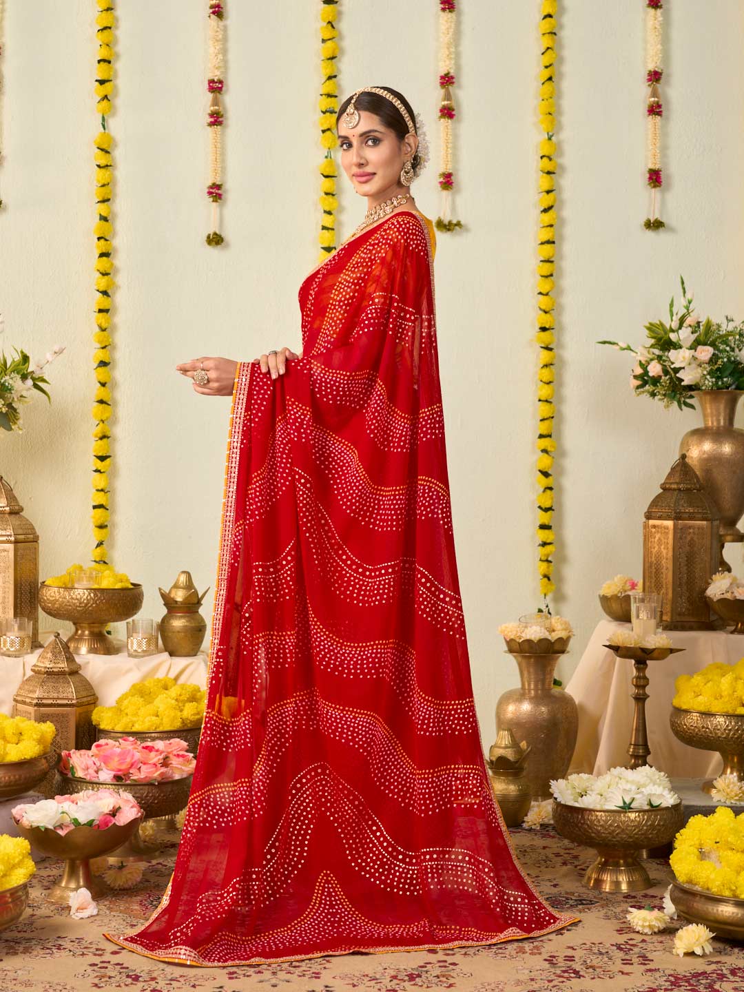 Red bandhani printed georgette saree daily wear
