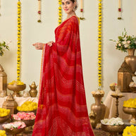 Red bandhani printed georgette saree daily wear