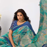 Blue abstract printed georgette saree wedding wear