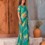 Blue embellished geometric printed chiffon saree daily wear