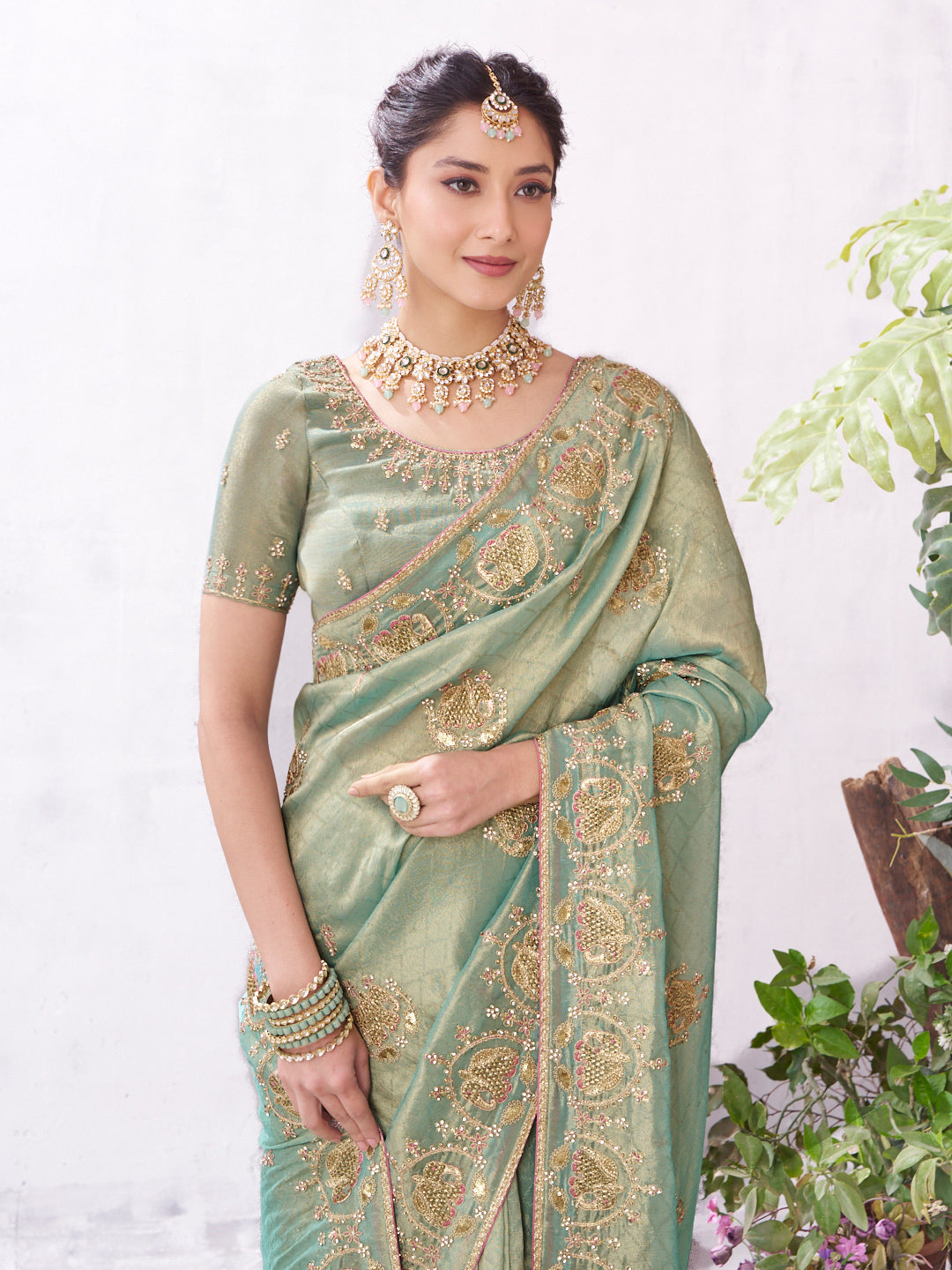 Green floral embroidery saree stylish drape
