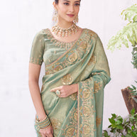 Green floral embroidery saree stylish drape