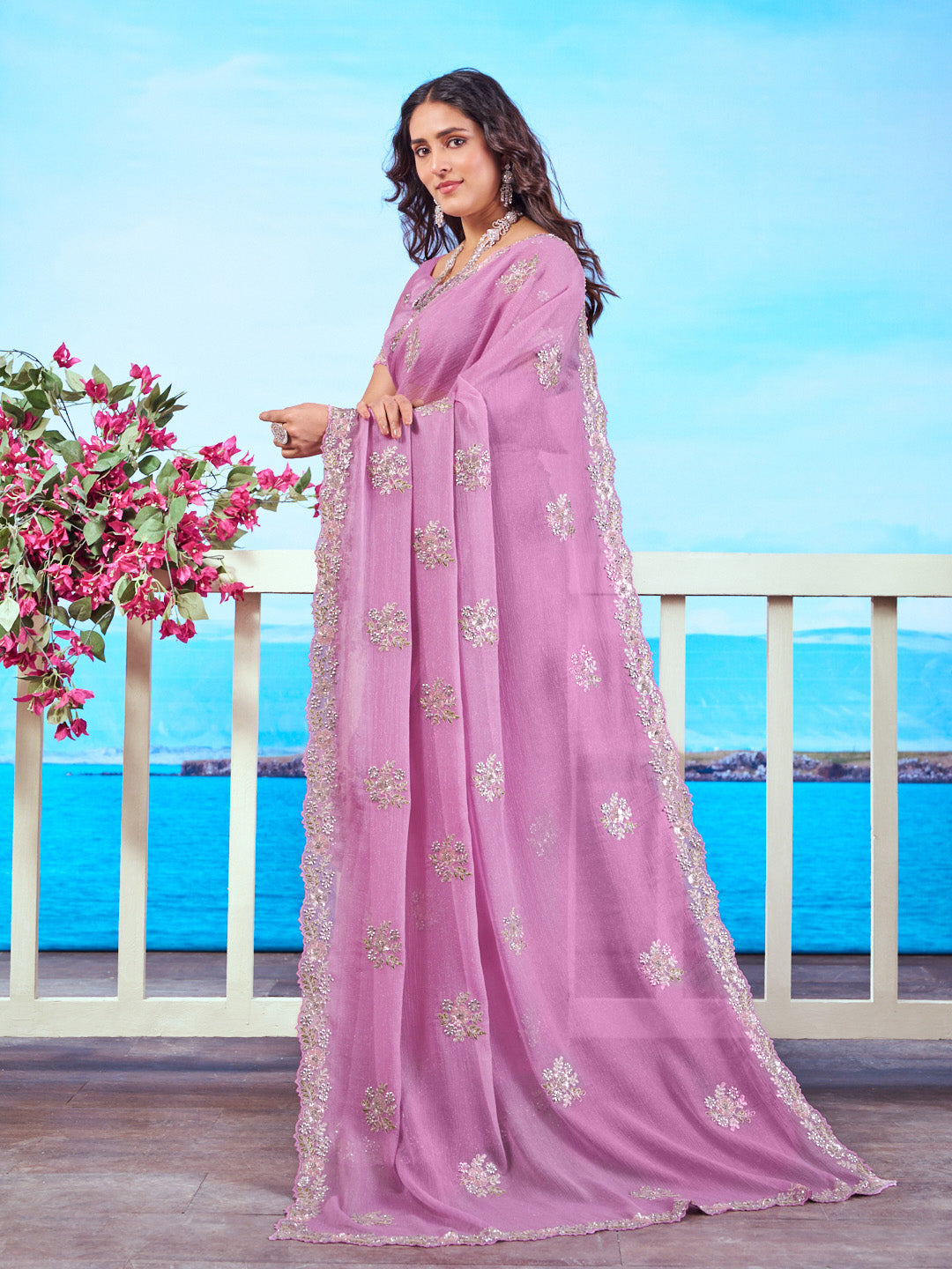  Purple sequin embroidered chiffon saree festive wear 
