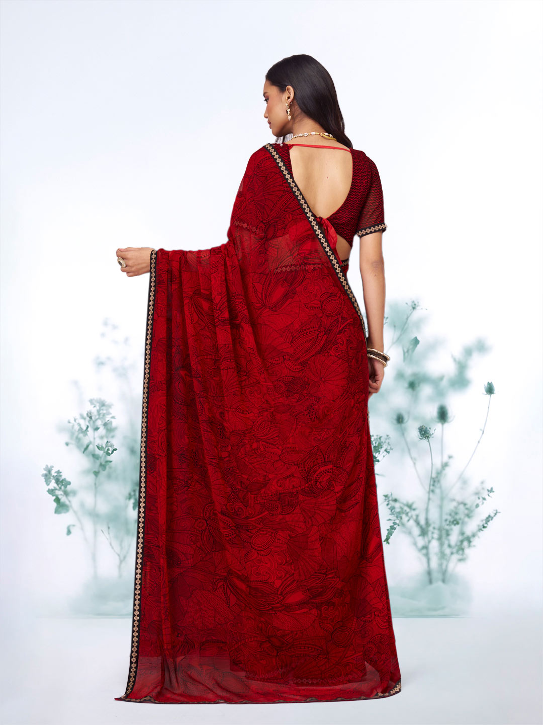 Red floral printed georgette saree festive wear