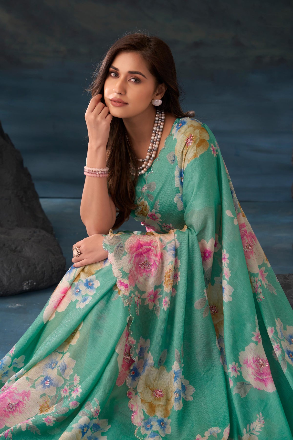 Green floral embroidered chiffon saree festive wear