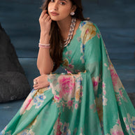 Green floral embroidered chiffon saree festive wear