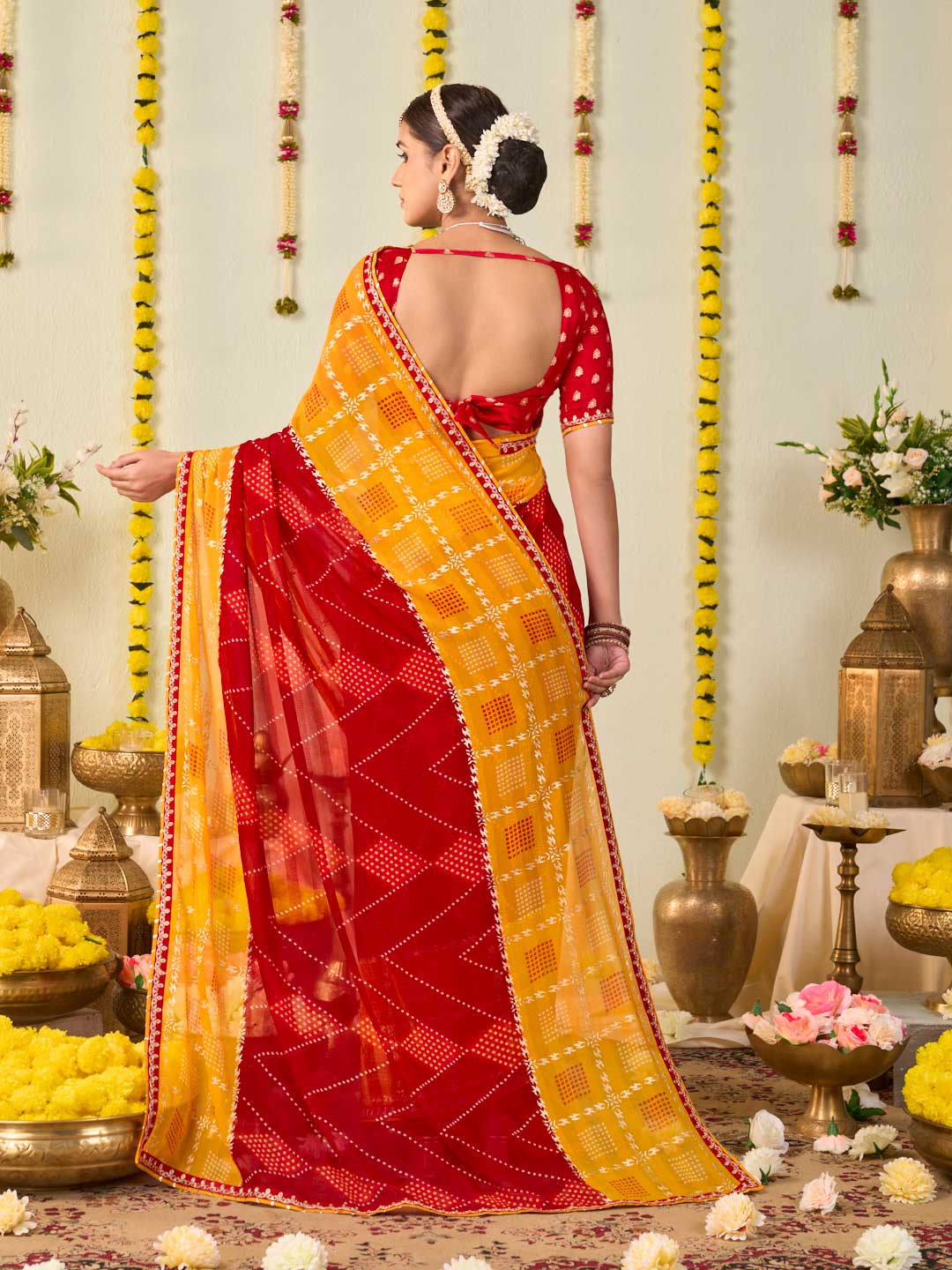 Red bandhani printed georgette saree party wear