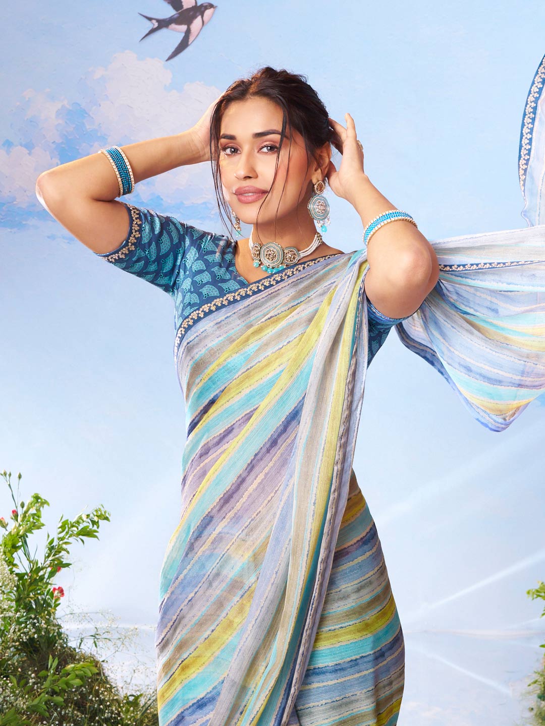  Blue plain georgette saree office wear