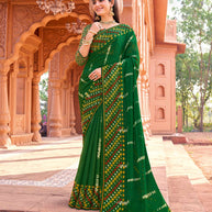 Green bandhani print chiffon saree with embroidery