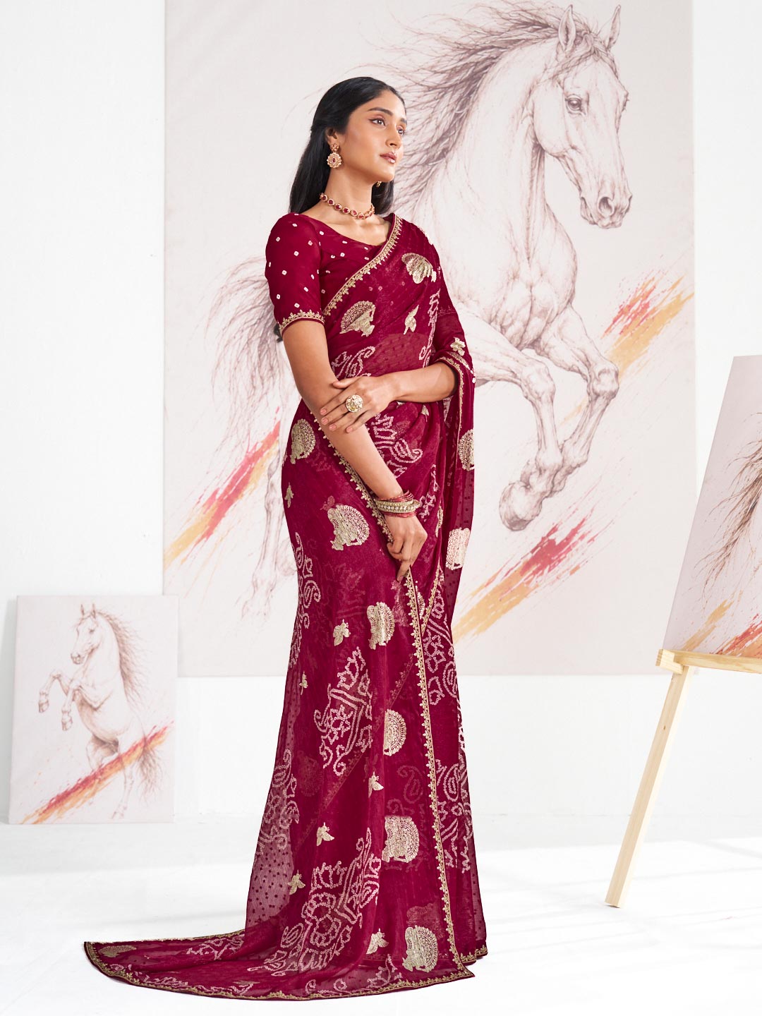 Laxmipati Murli Maroon Chiffon Floral Saree