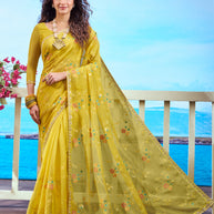 Yellow floral embroidered chiffon saree festive wear 