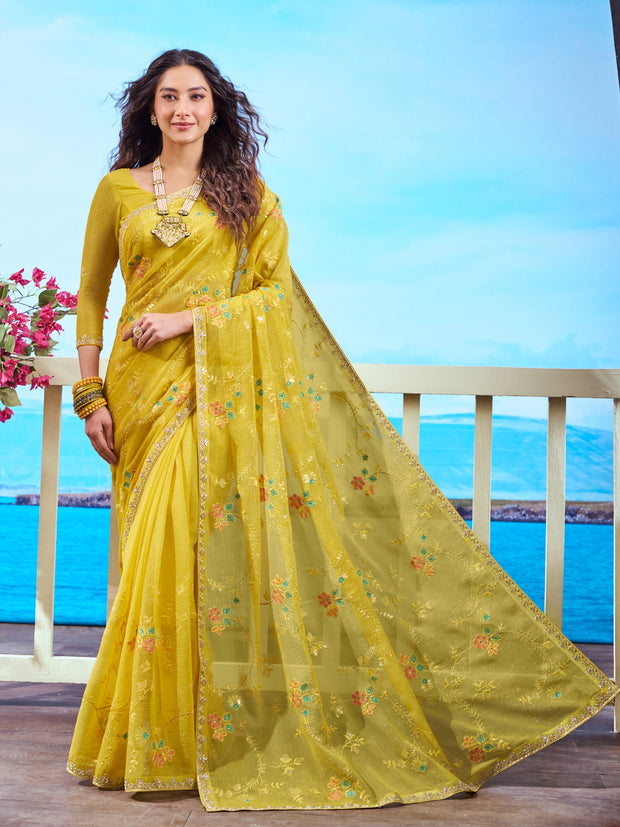 Yellow floral embroidered chiffon saree festive wear 