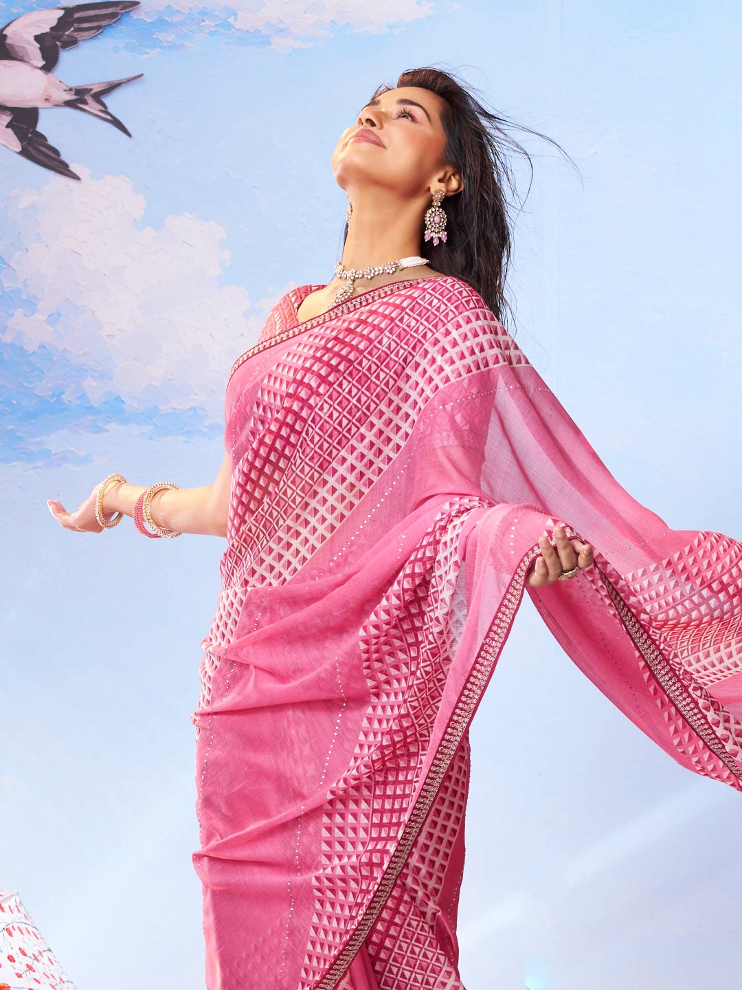 Pink geometric printed chiffon saree daily wear