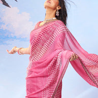 Pink geometric printed chiffon saree daily wear