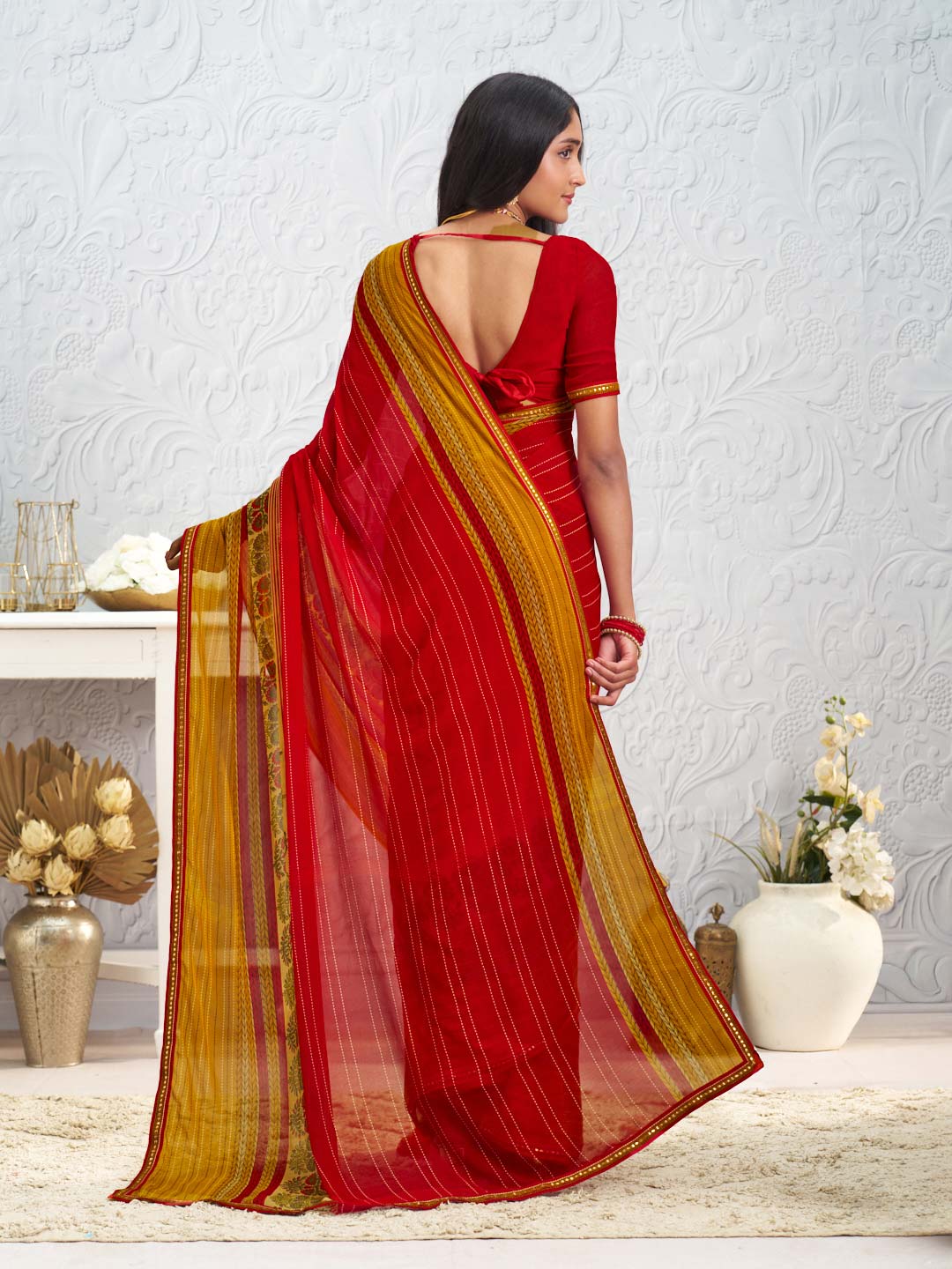 Red floral printed georgette saree party wear