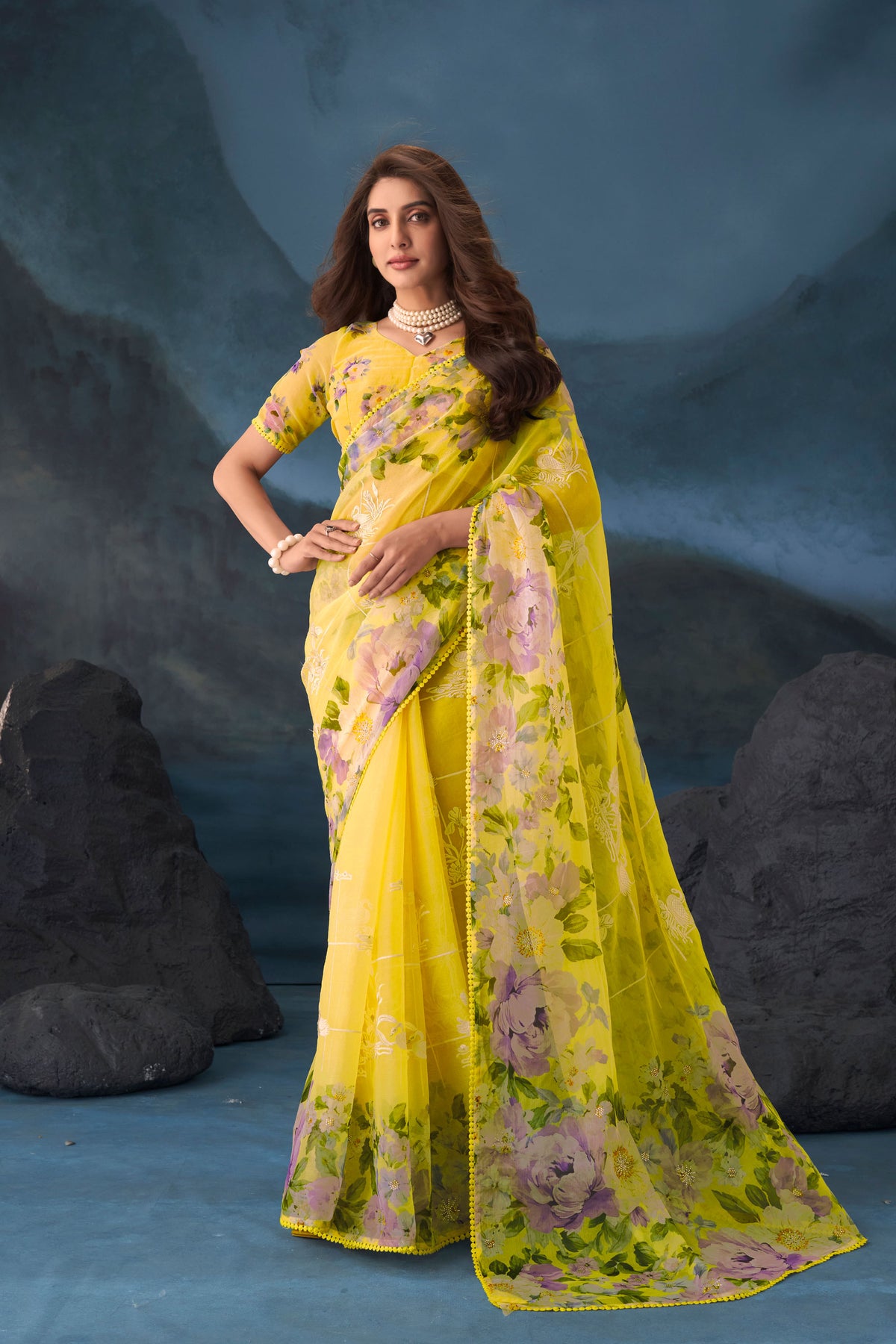Yellow floral embroidered tissue organza saree wedding wear