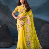 Yellow floral embroidered tissue organza saree wedding wear