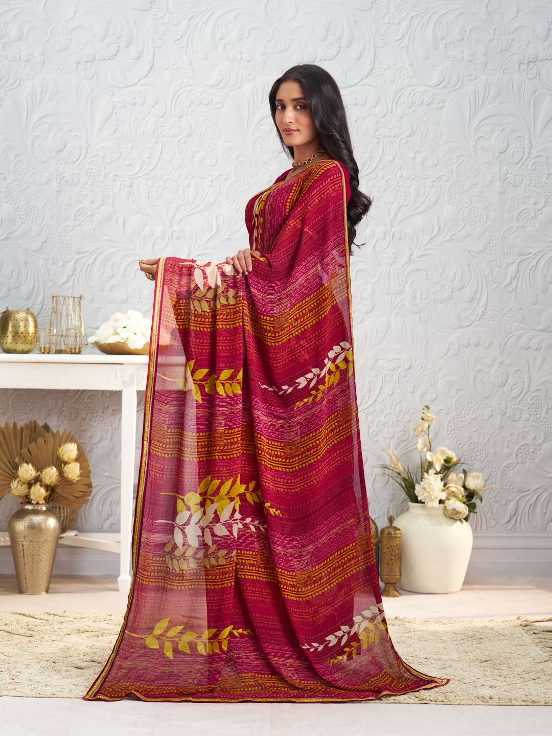 Pink floral printed georgette saree daily wear