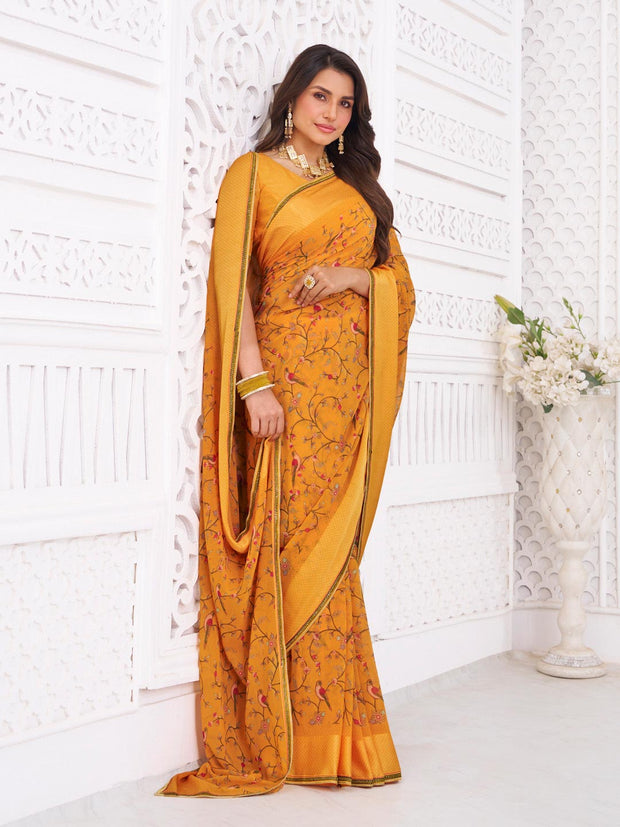 designer orange printed saree