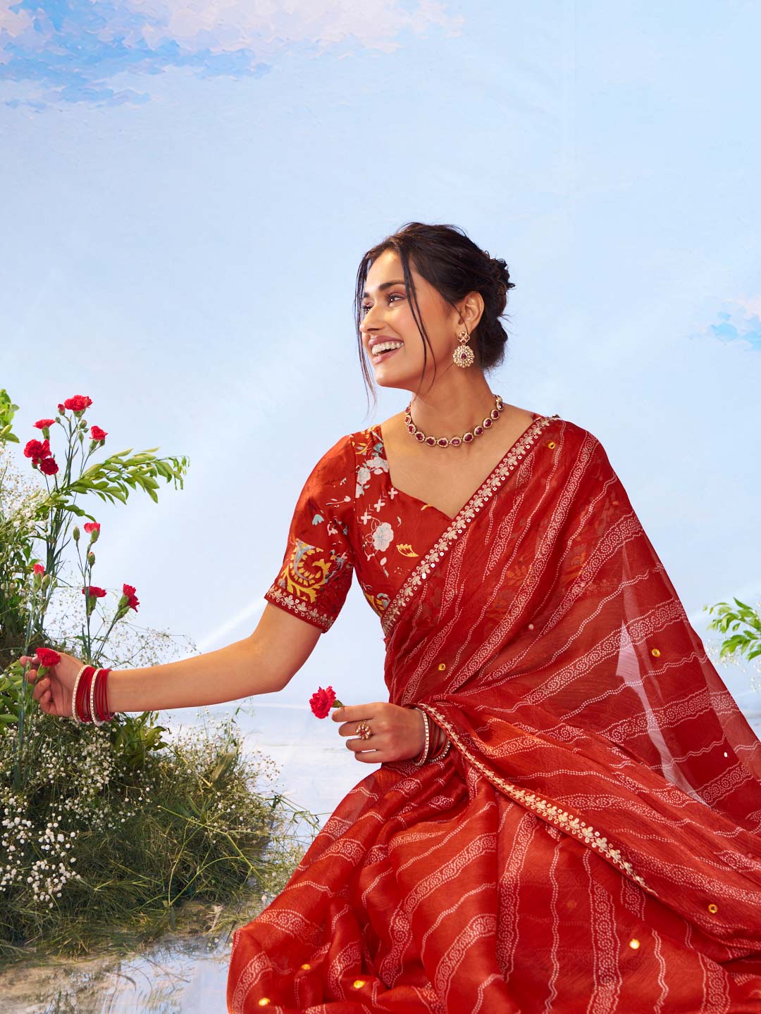 Red geometric printed silk blend saree ethnic wear