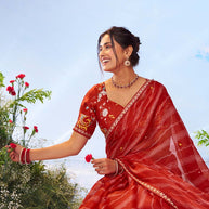 Red geometric printed silk blend saree ethnic wear