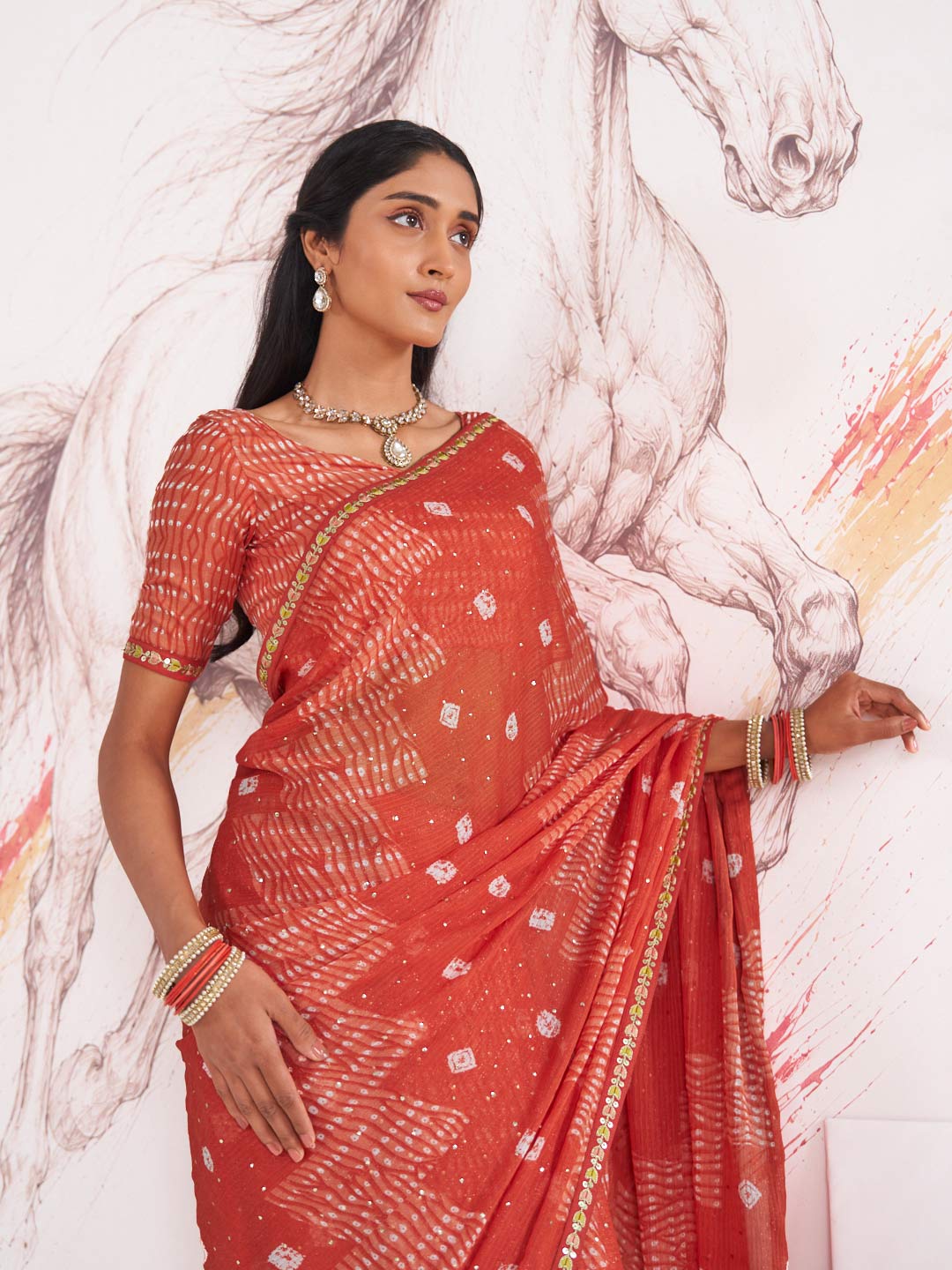 Laxmipati Murli Orange Chiffon Geometric Saree