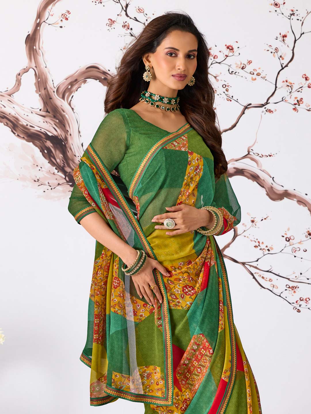 Green floral patchwork printed georgette saree festive wear