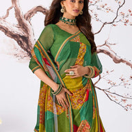 Green floral patchwork printed georgette saree festive wear