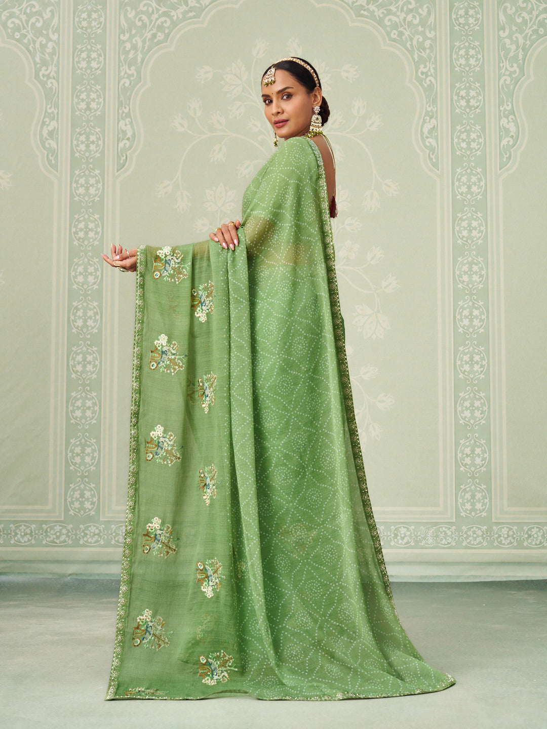 Green floral embroidered chiffon saree casual wear