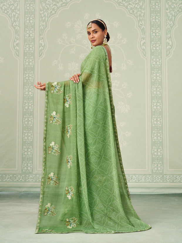 Green floral embroidered chiffon saree casual wear