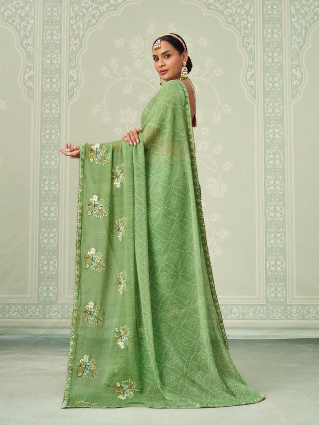 Green floral embroidered chiffon saree casual wear