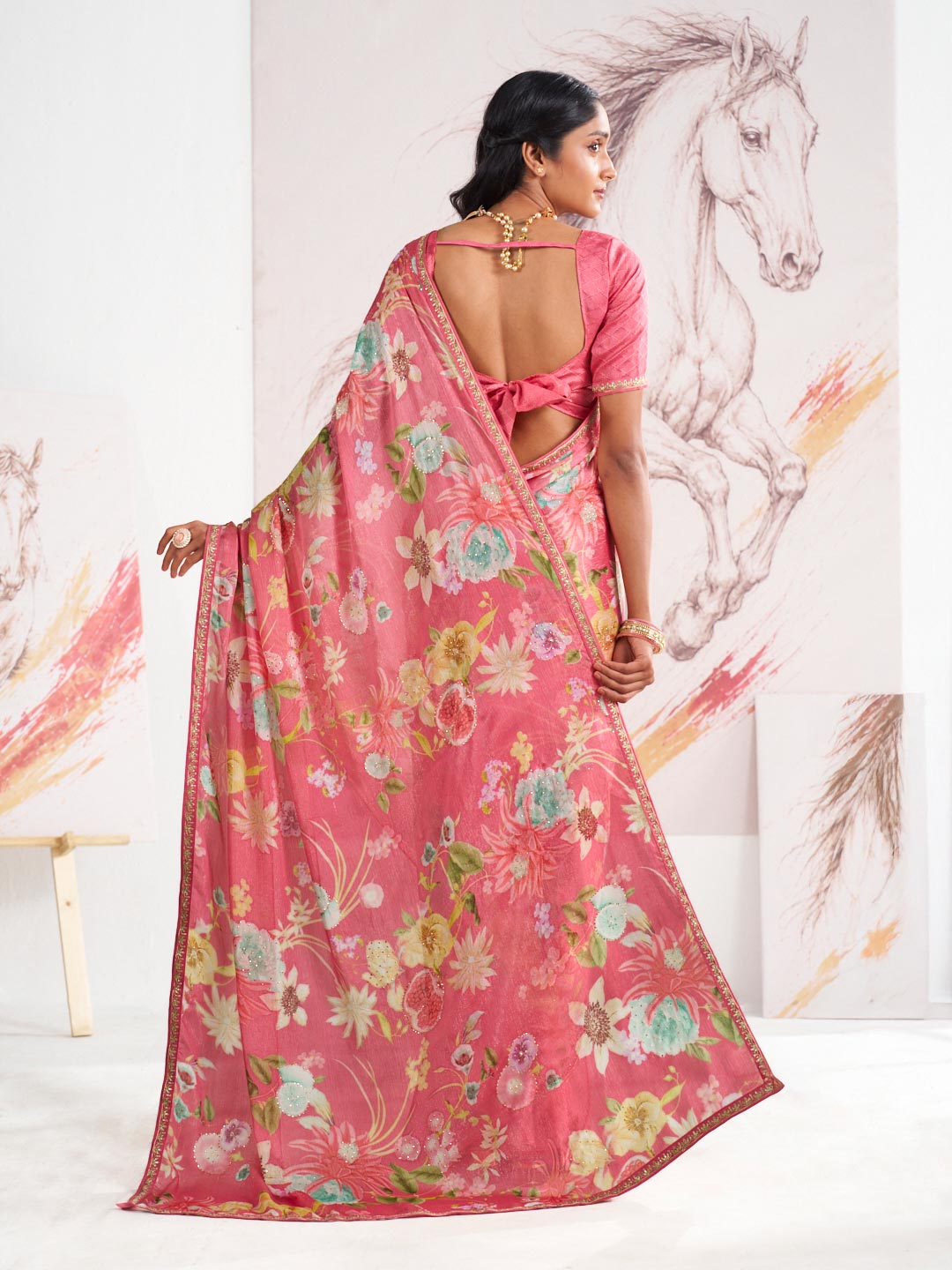 Laxmipati Murli Pink Chiffon Floral Saree