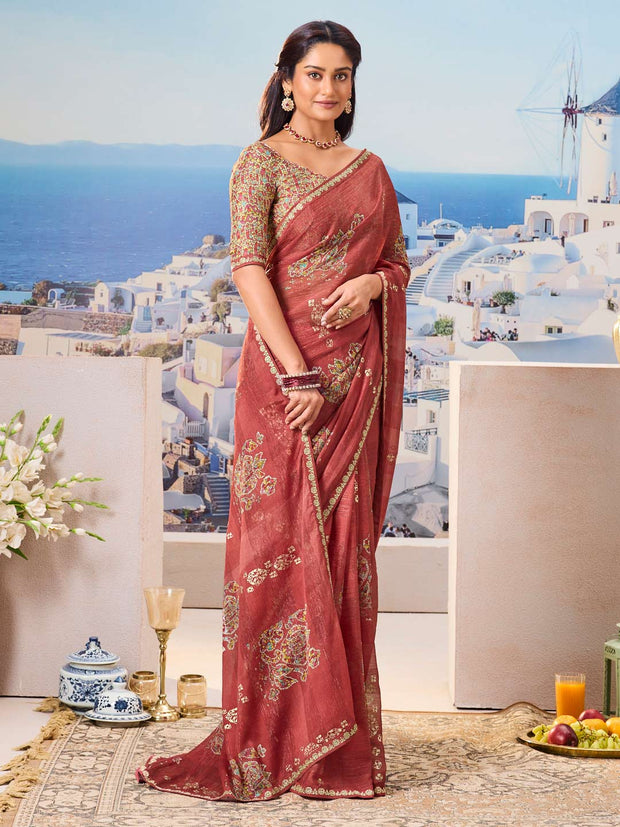 Stylish brown printed saree